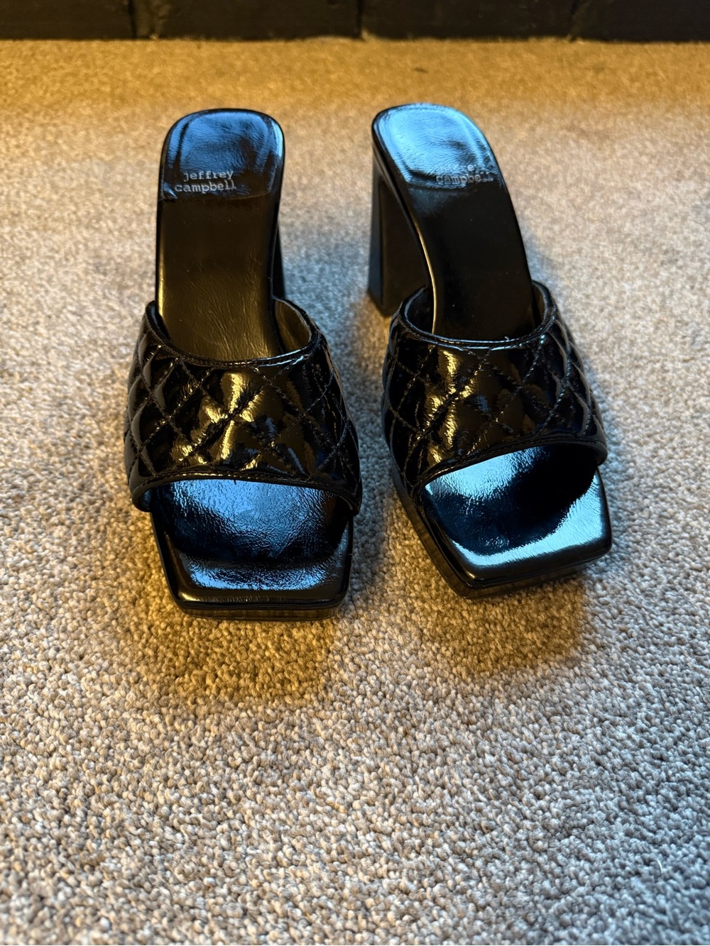 Jeffrey Campbell Black Quilted Patent Slide Mules